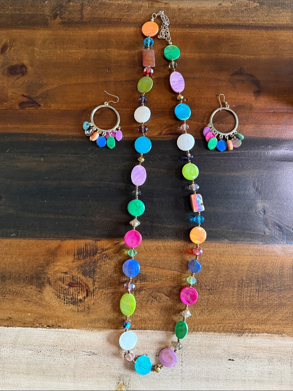 Colorful Disc Bead Necklace with Matching Hoop Earrings